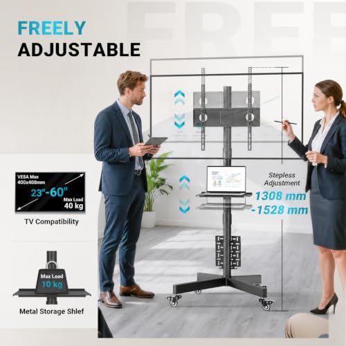 Miniatura 2 de Bontec Soporte Tv De Suelo Con Ruedas Carro, Soporte Para Pantallas De 23 -60 Plasma Lcd Led, Con Carga Máx. 40 Kg, Ajuste De Altura Y Ángulo, Gestión De Cables, Base Estable