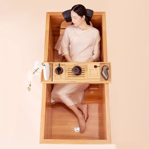 MegLob Rechteck Freistehende Hölzerne Badewanne Beleuchtete, Breite Tiefenbadewanne Für Paare, Orientalische Stil Freistehende Badewanne Mit Festem Holzschale,190cm/74.80in