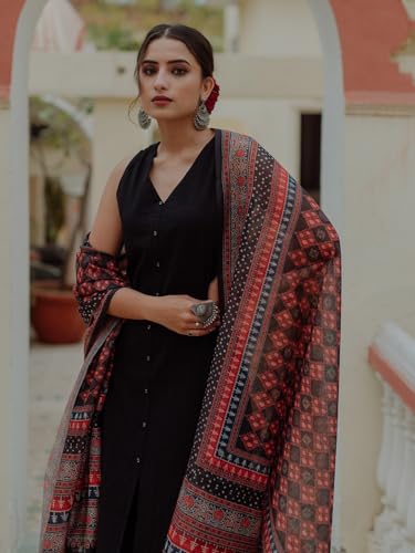 Image of GoSriKi Women's Cotton Blend Straight Solid Kurta with Palazzo & Dupatta