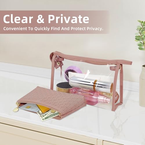 Makeup Bag Set of 2 – Clear PVC Toiletry Bag with Zipper & PU Leather Cosmetic Pouch, Travel Makeup Organizer Bags for Women, Portable Leather Pouch for Purse or Travel, Brown4