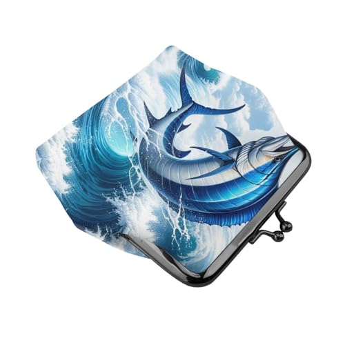 Pu Leather Buckle Coin Purse Marlin-Fish-Ocean-Wave Girls Kiss-Lock Change Purse Wallets3