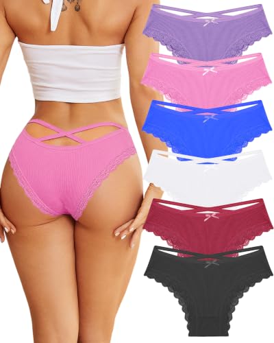 Image of Womens Cotton Underwear Sexy Lace Trim Bikini Ladies Cheeky Panties 6 Pack