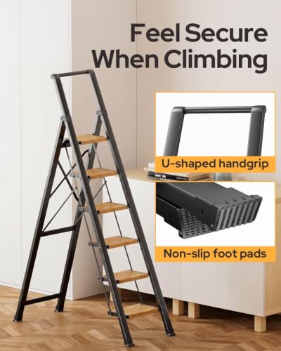 Image of 6 Step Ladder for 12 Feet High Ceiling, Lightweight Aluminum Folding Step Stool with Convenient Handgrip, Stepladders with Anti-Slip and Wide Pedal for Home Use Space Saving - Black+Woodgrain