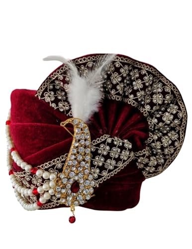 Image of BookMyCostume Dulha & Royal Wedding Turban Collection - Premium Silk, Velvet, Zari Work Safa with Kalgi & Brooch - Traditional Indian Dulha Pagdi /Sehra Perfect for Weddings & Role Plays for Men & Kids