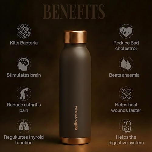 Image of CELLO Evita Copper Water Bottle For Daily & Office Use 1000 ml, Grey | Leakproof & Rustproof ISI Certified Single Wall 100% Pure Copper Promotes Immunity, Improve Digestion & Supports Healthy Living
