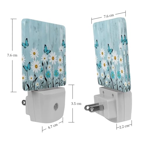 Image of NEWzone Daisy Floral Butterfly Rustic Plank Night Light [2 Pack], Plug in Wall Led Night Lights Decor for Boys Girls Room, Dusk to Dawn Sensor Wall Lamp for Stairway /Bedroom /Kitchen /Nursery Room