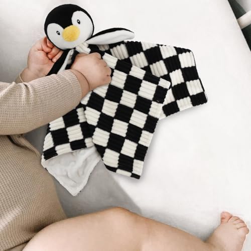 Image of Baby Lovey Blanket for Boys Girls Super Soft Checkerboard Gingham with Minky Dot Fabric Backing Penguin Stuffed Animal Lovely Snuggle Toy Black 14 Inch