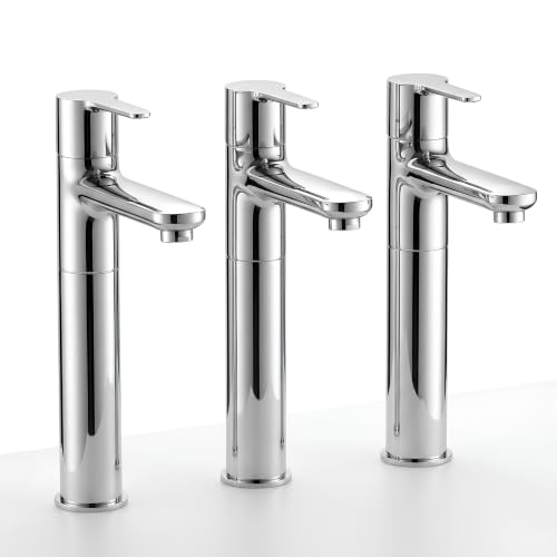 Image of GLOXY Premium Brass 30CM (12INCH) High Neck Chrome Finished Long Pillar Tap with Lotus Lever Combo Pack of 3 - Deck Mount Long Neck Faucet for Wash Basin & Kitchen Sinks - 10 Years Warranty