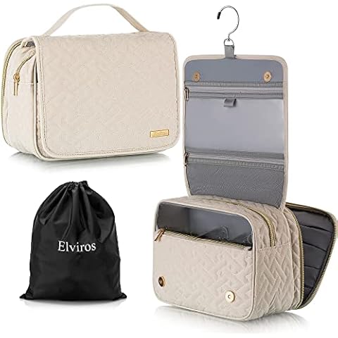 Elviros Hanging Toiletry Bag for Women, Large Travel Makeup Bag Cosmetic Case, Water-Resistant Travel Organizer for Toiletries Accessories (Beige) Cover