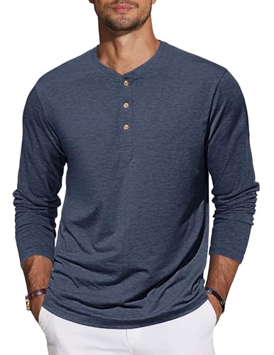 TARAINYA Henley Shirt Herren Baumwolle T-Shirt Langarm Einfarbig mit 3 Knopfleiste Marineblau M