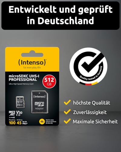 Intenso Professional microSDHC 512GB Class 10 UHS-I, U3, V30 Memory Card with SD Adapter for 4K Recordings, GoPro, Insta 360, DJI, Osmo, Steam Deck, Drone, Action Camera, Black - Image 8