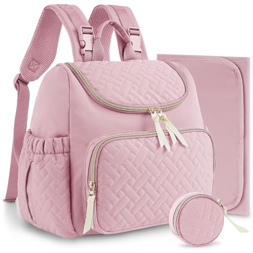 Image of Yoofoss Diaper Bag Backpack, Diaper Bags for Boys Girls, Baby Diaper Bag with Changing Pad, Stroller Straps and Pacifier Case, Baby Bag for Mom Pink Pinstripe