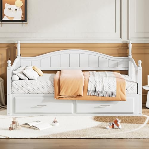 Image of Merax Multifunctional Extending Day Bed with Trundle & Drawers Twin to King Wood Sofa Bed with Headboard No Box Spring Needed White