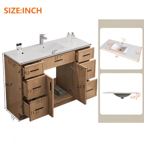 Image of 48 Inch Bathroom Vanity Without Sink, Modern Freestanding Bathroom Vanity with 6 Drawers & 2 Soft Close Doors, Wood Farmhouse Bathroom Storage Cabinet, Natural