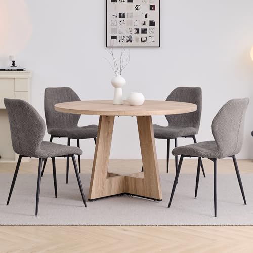Image of 47 inch Round Dining Table Set for 4, Kitchen Table and Chairs | Wooden Cross Base, Boucle Fabric Chair, for Apartment
