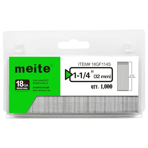 meite 18 Gauge Brad Nails, 1-1/4 Inch 18GA Brad Nails Galvanized Small Finishing Nail Gun Nails for Pneumatic, Electric Brad Nailer Gun (1,000 Counts)