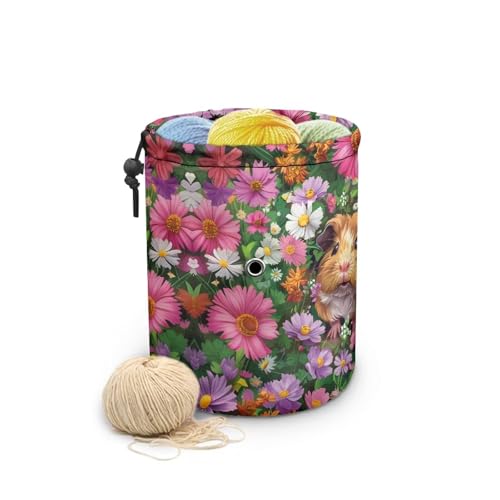 Image of Sellikakes Guinea Pig Flower Crochet Storage Bag Yarn Holder, Knitting Bags with Drawstring, Portable Mini Yarn Holder Store Crocheting Project Knitting Accessories