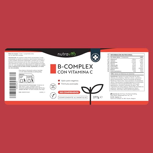 Vitamina B Complex con Vitamina C - 365 Comprimidos Veganos para un Suministro de 1 Año, Multivitaminas Mujer y Hombre con Vitamina B12 B1 B2 B3 B5 B6 Biotina - Vitamin B Complex - Nutravita