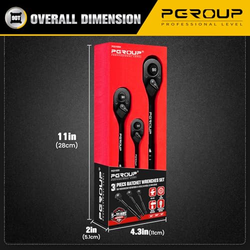 pgroup 3-Piece 90 Tooth Ratchet Wrench Set, 1/4”, 3/8”, 1/2” Drive Reversible Ratchets, 4-Degree Swing, Ergonomic Handle, Chrome Alloy Made, Quick Release Ratchet Wrenches for Repairing, Home, DIY by pgroup - Image 8