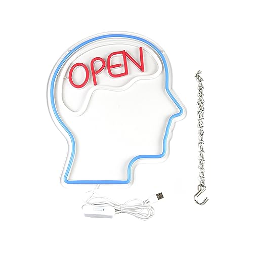 Image of Open Mind Brain Neon Signs for Wall Decor Neon Lights for Bedroom Suitable for Man Cave Bar Pub Office School Christmas Birthday Party 5V Power Adapter, 14.1 * 12.2 Inch(Blue+Warm White+Red)