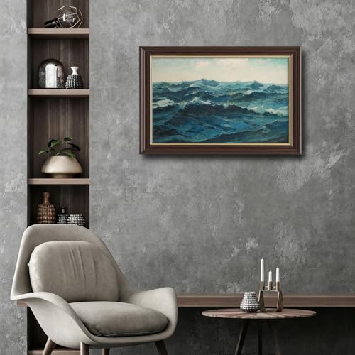 Image of Framed Vintage Ocean Wave Canvas Wall Art, Antique Impressionist Seascape Oil Painting Prints, Teal Blue Coastal Wall Decor for Living Room Bedroom Bathroom Office