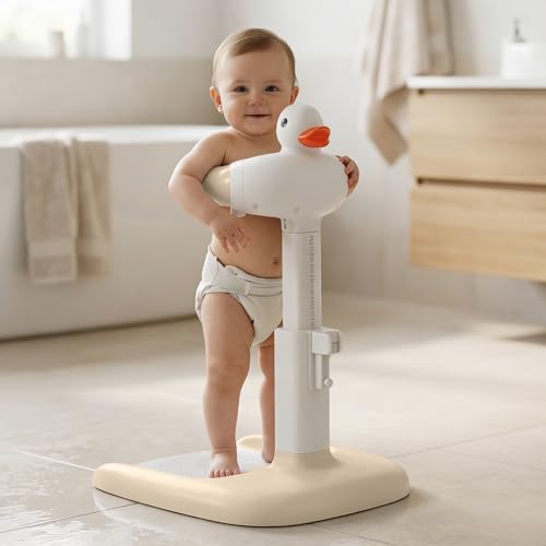 Image of BAYBEE Shower Bath Stand for Baby for 0 - 3 Years for Kids | Duck Design Baby Standing Bath Stand with Adjustable Height & Width | Portable Kids Bathstand with Shower Holder & Anti-Slip Base (Beige)