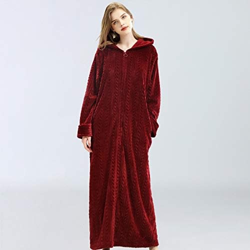 MENGQIZHUANGDAI Pretty gentle Women's Plus Size Long Warm Flannel Bathrobe Winter Bride Hooded Women Bath Robes Pregnant Zipper Night Dressing Gown Bathrobes (Color : Burgundy, Size : XL)