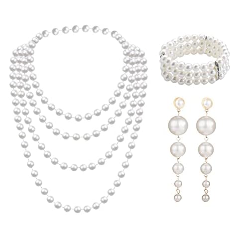 MIVAIUN 3 PCS Faux Pearl Set with Plastic Pearl Long Dangle Earrings 3 Row Stretch Pearl Bracelet 1920 Pearl Necklace Jewelry 1920s Accessories Pearl Set for Party Prom Wedding Festival (3 PCS) Cover