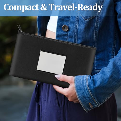 2 Pack Money Bags with Zipper, Bank Pouch with Label, 11 x 6.1 Inch PU Leather Cash Deposit Holder for Coins, Invoice, Bills, Cosmetics, Tools (Black)