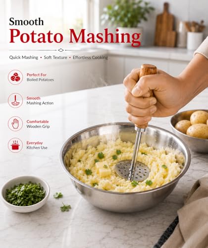 Image of Ajay's Shoppe Heavy Duty Stainless Steel Potato Masher 20.5 CM | 10.2 CM Wide Base Pav Bhaji Masher with Wooden Handle for Kitchen Use