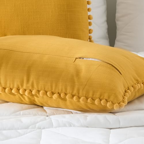 Image of 100% Cotton Pom Pom Cushion with Filler, Elegant & Modern Cushion Cover for Living Room, Rectangle, 12 inchx20 inch, uni slub, Set of 3 - Mimosa