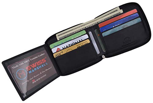 Men's Zipper RFID Blocking Premium Leather Zip-Around ID Bifold Wallet (Black)2