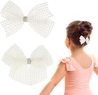 WLLHYF 2Pcs Pearl Hair Bows for Girls White Rhinestone Hair Bows Clip Alligator Hair Clips Wedding Hair Accessories for Baby Infants Toddlers