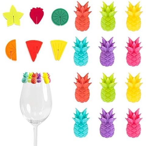 MHwan Wine Glass Charms, 18 PCS Fruit Glass Charms For Drinks, Reusable Wine Charms, Pineapple, Strawberry, Watermelon and Other Drink Marking Accessories for Parties, Weddings, Birthdays Cover