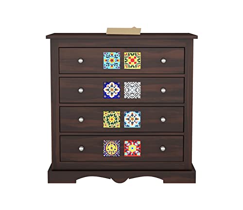 Image of Sheesham Wood Tile Chest of Drawers 4 Drawers Wooden Dresser with Storage Organizer for Bedroom Living Room Home (Walnut Finish)