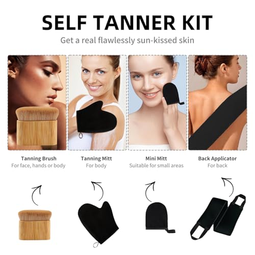 Image of FUNAN Self Tanning Application Kit, 4-Piece Set with Back Applicator, Mini Mitt, Tanning Mitts and Ultra Soft Self Tanner Brush Bamboo Kabuki Brush, Black