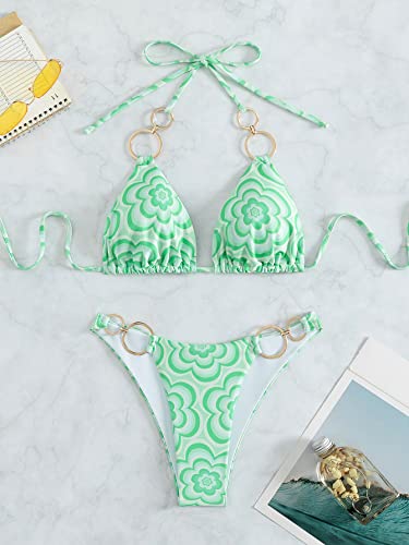 Bikini halter con anillo y eslabones beige: conjunto de baño floral verde claro ajustable 5