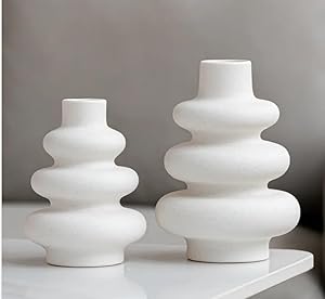 Set de 2 jarrones Blancos de cerámica – Estilo escandinavo Minimalista – Decoración Moderna para estantería, Mesa Auxiliar o salón
