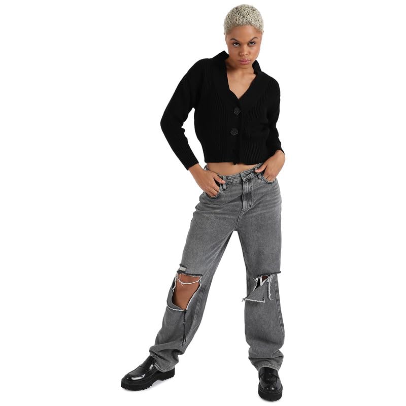 Image of PINACOLADA Women's Solid Ribbed Cropped CardiganFor Casual Wear | V Neck | Long Sleeve | Wool Sweater Crafted with Comfort Fit for Everyday Wear
