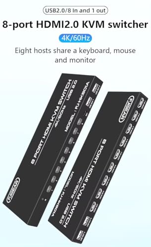 Image of 8 Port HDMI KVM Switch, 4K@60Hz HDMI KVM Switch for 8 Computers Share 1 HD Monitor and 4 USB Devices, Including 8 Cables and Remote Control