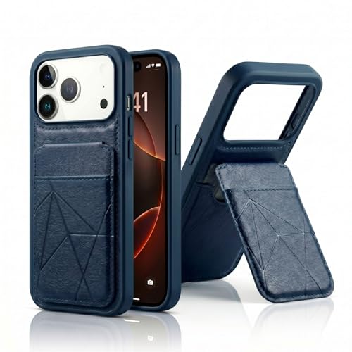 Image of amazon basics Premium Vegan Leather Back Cover with Card Holder and Integrated Mobile Stand for iPhone 17 Pro - Slim Shockproof Wallet Case with Geometric Stitching [Blue]