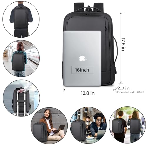 Expandable Laptop Backpack, 16 Inch Water-Resistant Bag with USB Charging Port, Business College Backpack for Men & Women, Black2