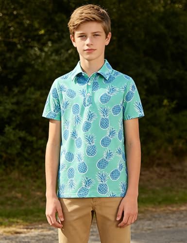 Cuddomper Boys Polo Hawaiian Shirt Size 9-10 Tropical Mint Green Pineapple Short Sleeve Golf Shirts Performance Dry Fit Tops for Active Casual — view 4