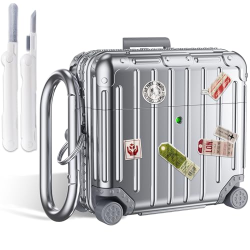 Filoto Compatible with Airpods 4 Case Cover 2024, Cute Fashion Suitcase Design for Airpods 4th Generation Case with Keychain/Cleaner Kit, Shockproof Protective Hard Case for Air pods 4 Gen(Sliver)