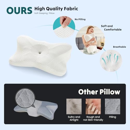 Image of DUMOS Cervical Neck Pillow, Cooling Ergonomic Memory Foam Pillows for Neck Pain Relief with Breathable Pillowcase, Dual Height Orthopedic Support Contour Pillow for Side, Stomach Sleepers, White