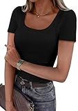 PRETTYGARDEN Scoop Neck Tops for Women 2026 Summer Basic Tees Trendy Short Sleeve Shirts Spring Casual Fitted Ribbed Tops (Black,Large)