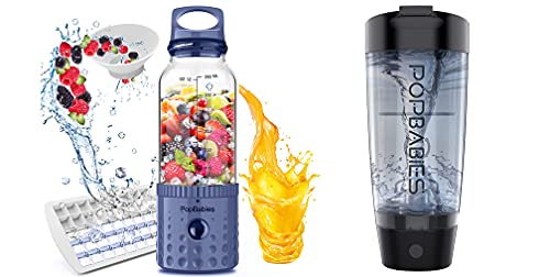 PopBabies Smoothie Blender, Portable Blender and Personal Blender, USB rechargeable Updated Version Navy Blue;PopBabies Electric Shaker Bottle, Powerful Blender Shaker Bottle for Protein Shakes