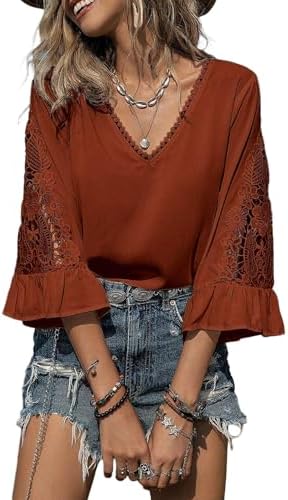 SHEWIN Summer Tops for Women V Neck Hollow Out Babydoll Tops for Women Lightweight Womens Blouses Dressy Casual Pullover Spring Outfits 2026,(US 16-18) XL,Reddish Brown