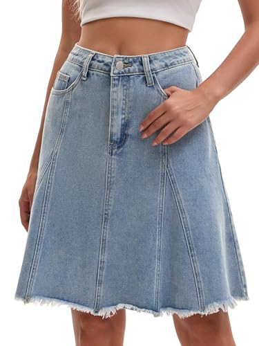 CIMUK Falda Vaquera para Mujer Corte A Cintura Alta Acampanada Dobladillo sin Rematar con Bolsillos Estilo Informal Azul Gary Claro S