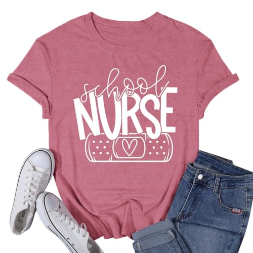 VQD Womens School Nurse Shirt Nurse Heart Tshirt Nursing Life Tee Top Pink